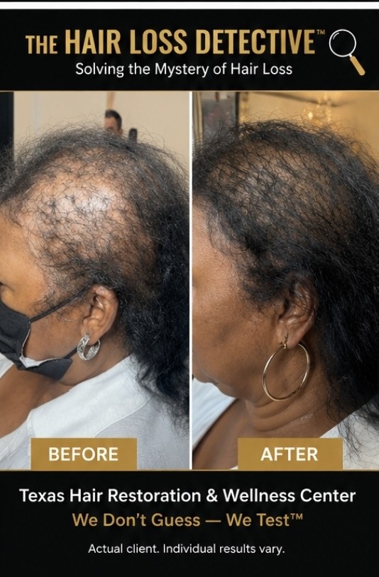 Before and after photograph of an actual Texas Hair Restoration & Wellness Center client, shown with permission (2 of 3)