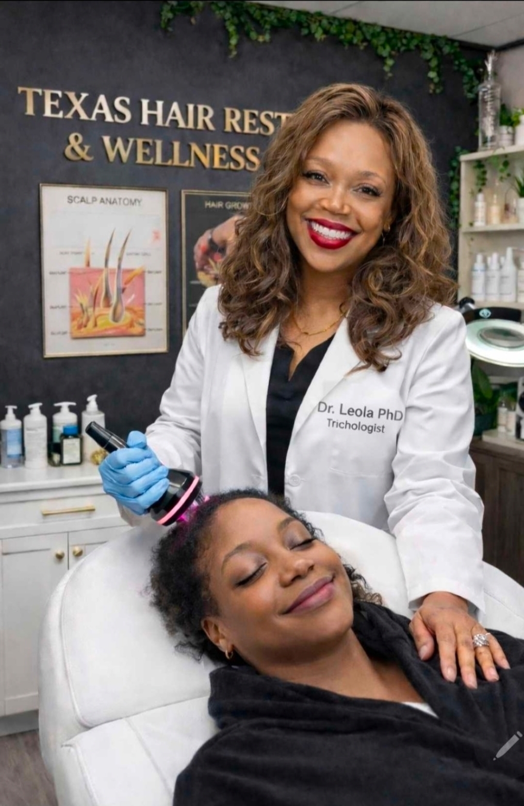 Trichologist Dr. Leola Anifowoshe providing hands-on scalp care for a female client at the Houston clinic