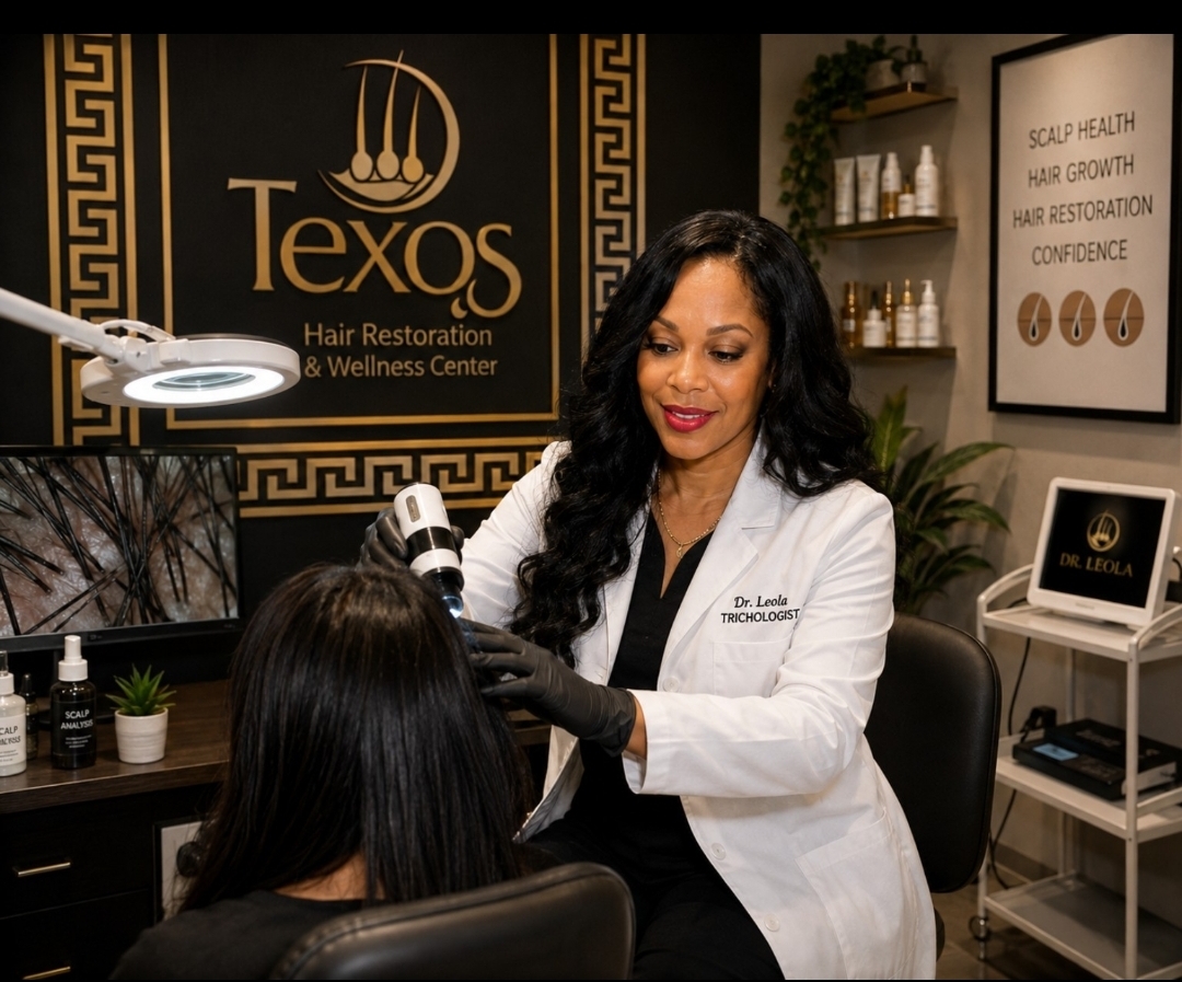 Trichologist Dr. Leola Anifowoshe examining a client's scalp with investigative equipment at Texas Hair Restoration & Wellness Center in Houston